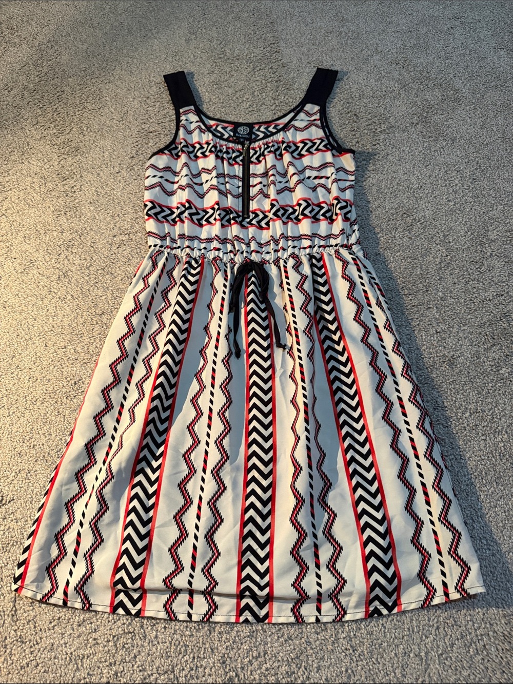 bobeau Cream Midi Dress with Black & Red Geometric Stripes